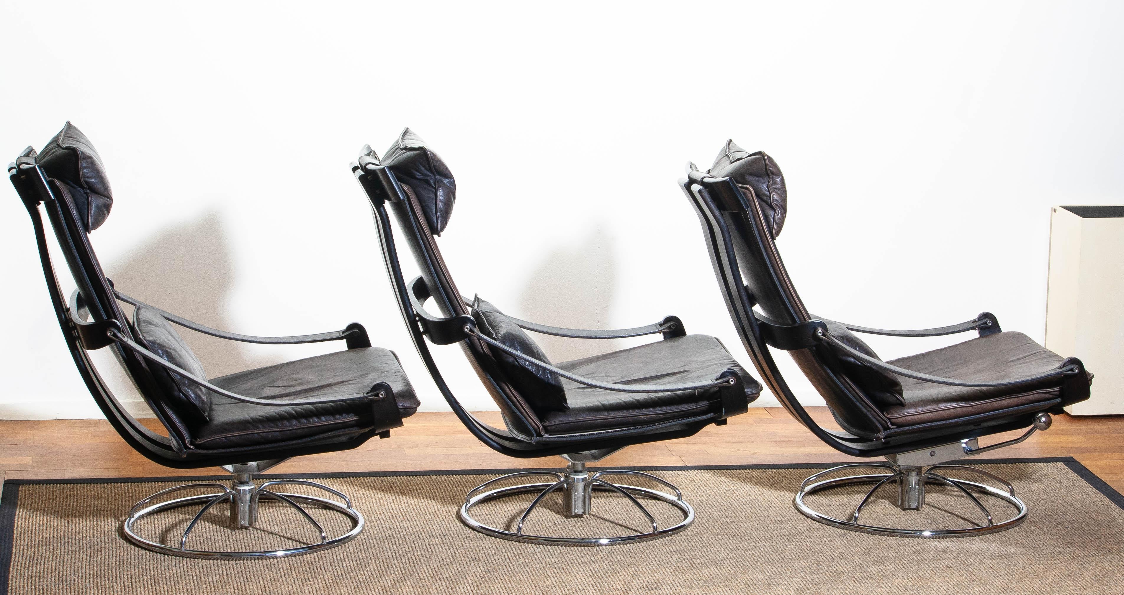 1970s, Three Leather Swivel / Relax Chairs By Ake Fribytter For Nelo, Sweden 2