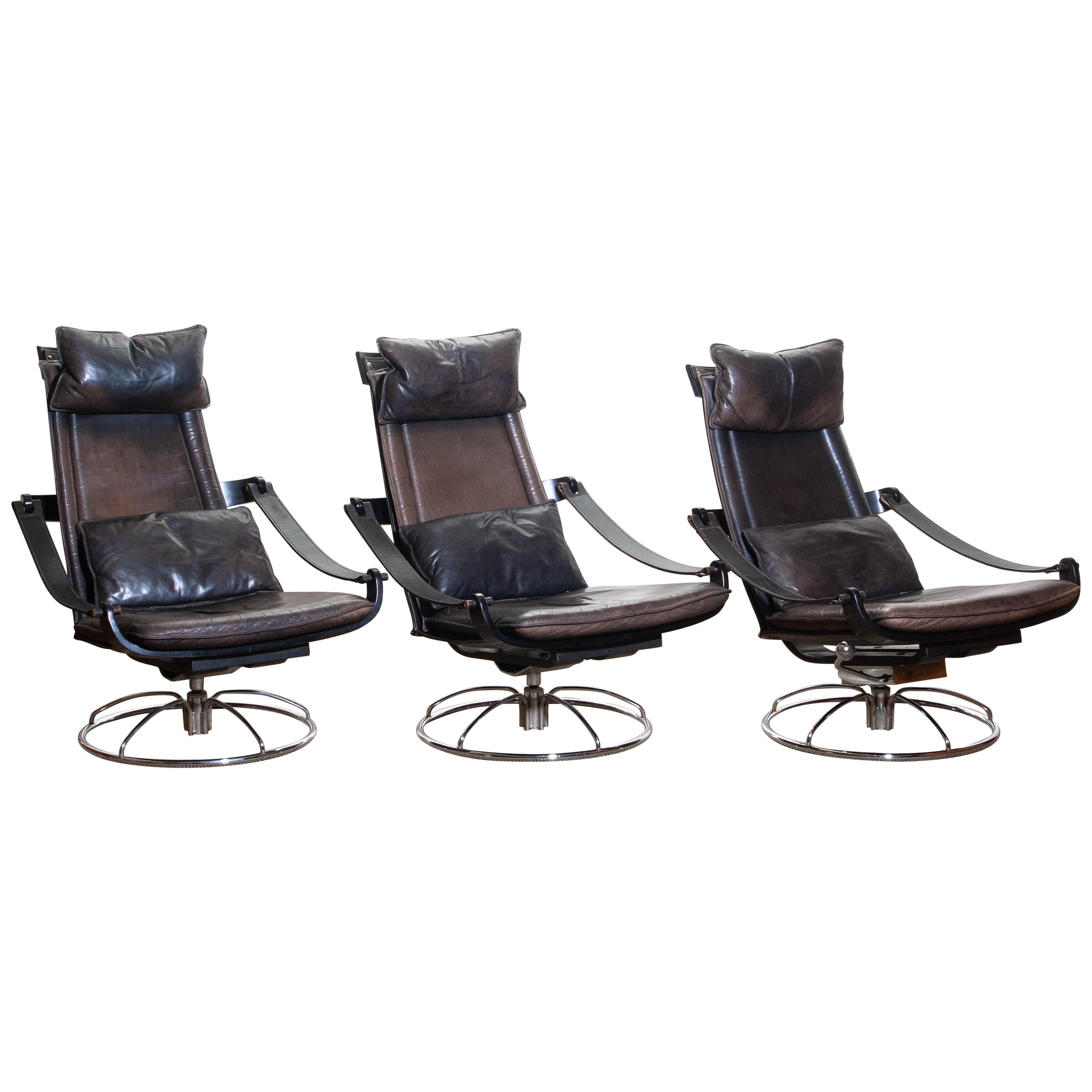 1970s, Three Leather Swivel / Relax Chairs by Ake Fribytter for Nelo, Sweden