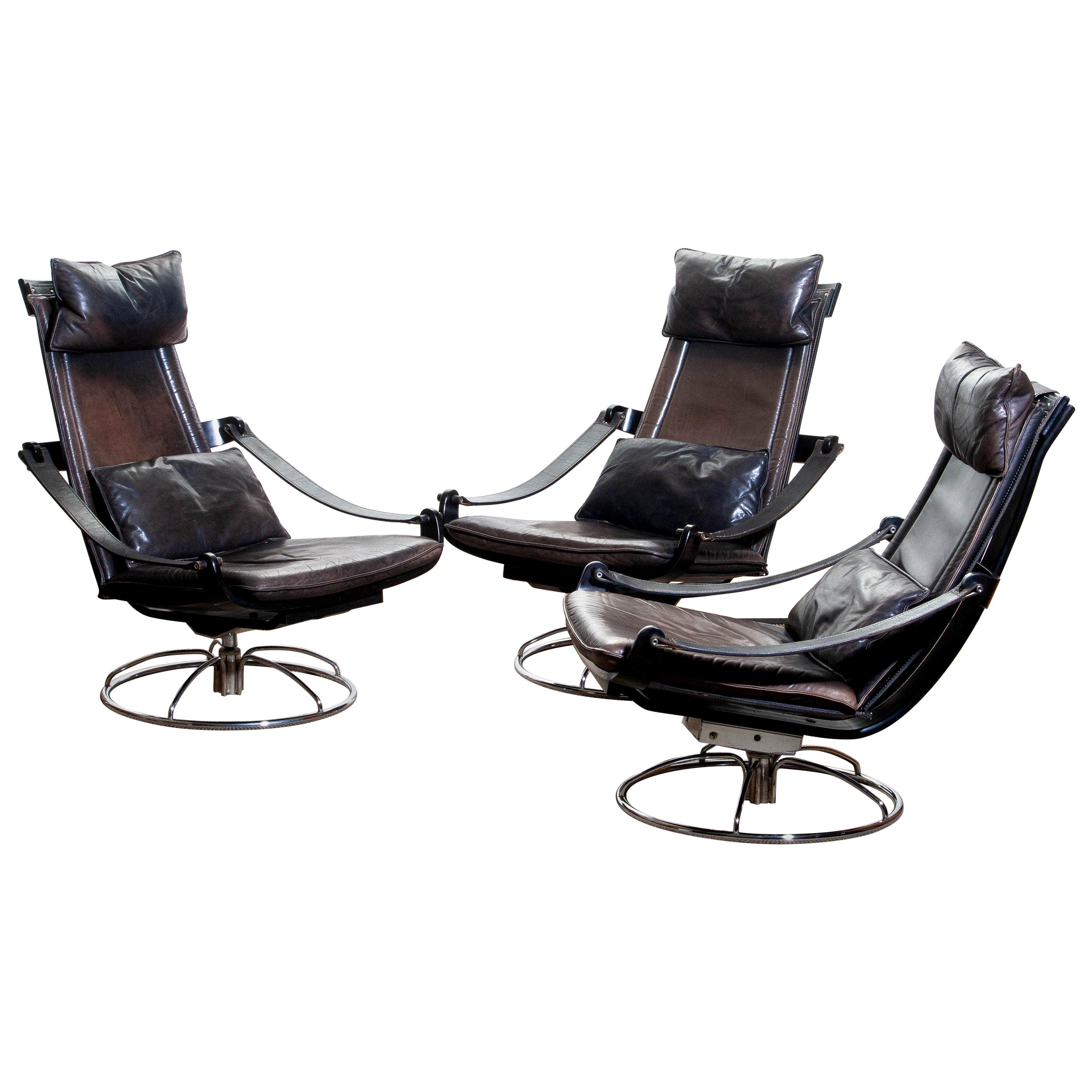 1970s, Three Leather Swivel / Relax Chairs by Ake Fribytter for Nelo, Sweden