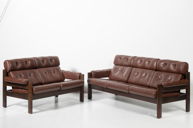 1970's Three Seat Tufted Sofa and Loveseat Set in Leather and Rosewood