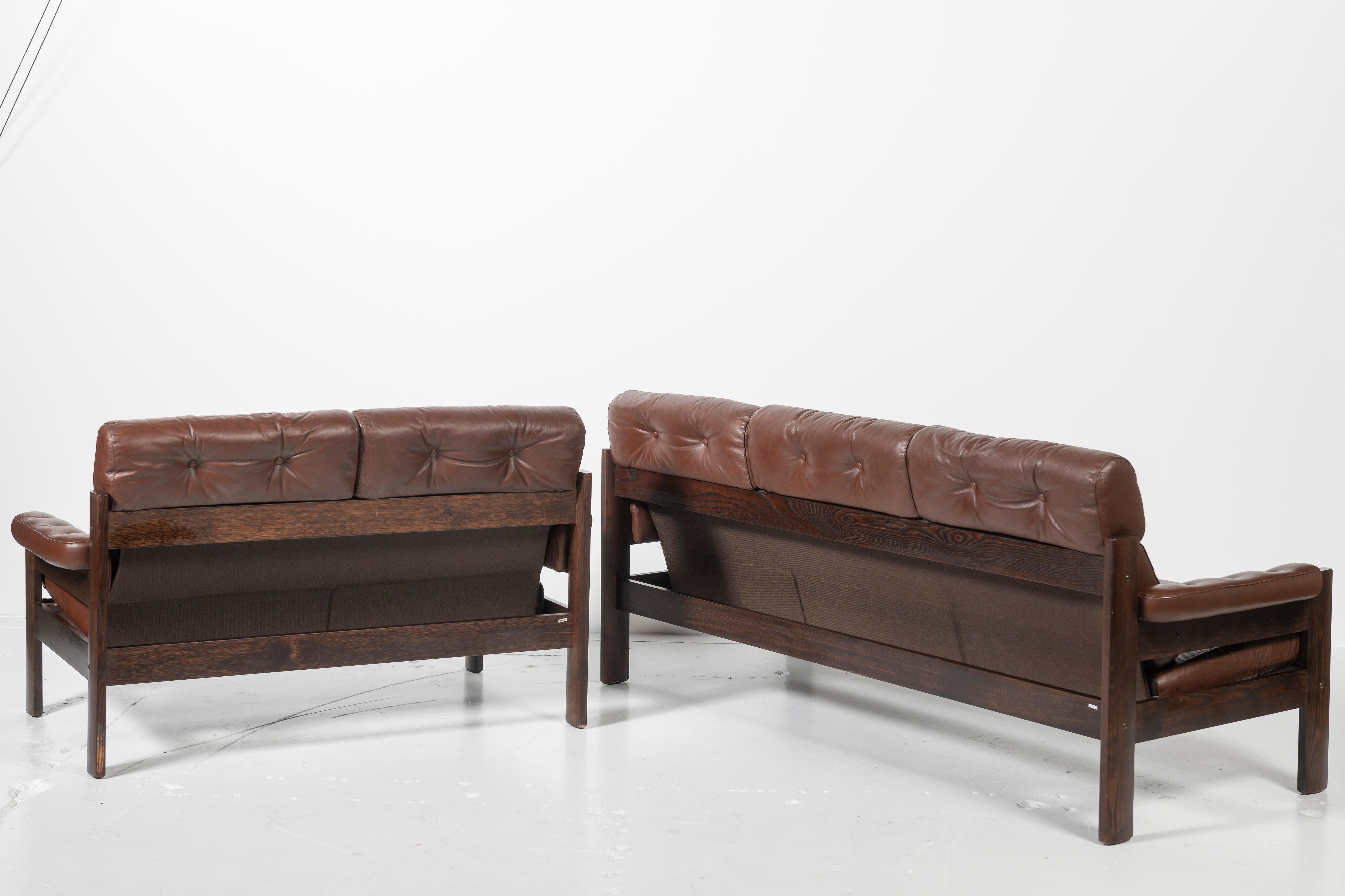 Scandinavian 1970's Three Seat Tufted Sofa and Loveseat Set in Leather and Rosewood, Norway For Sale