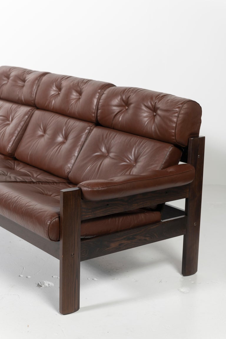 1970's Three Seat Tufted Sofa and Loveseat Set in Leather and Rosewood