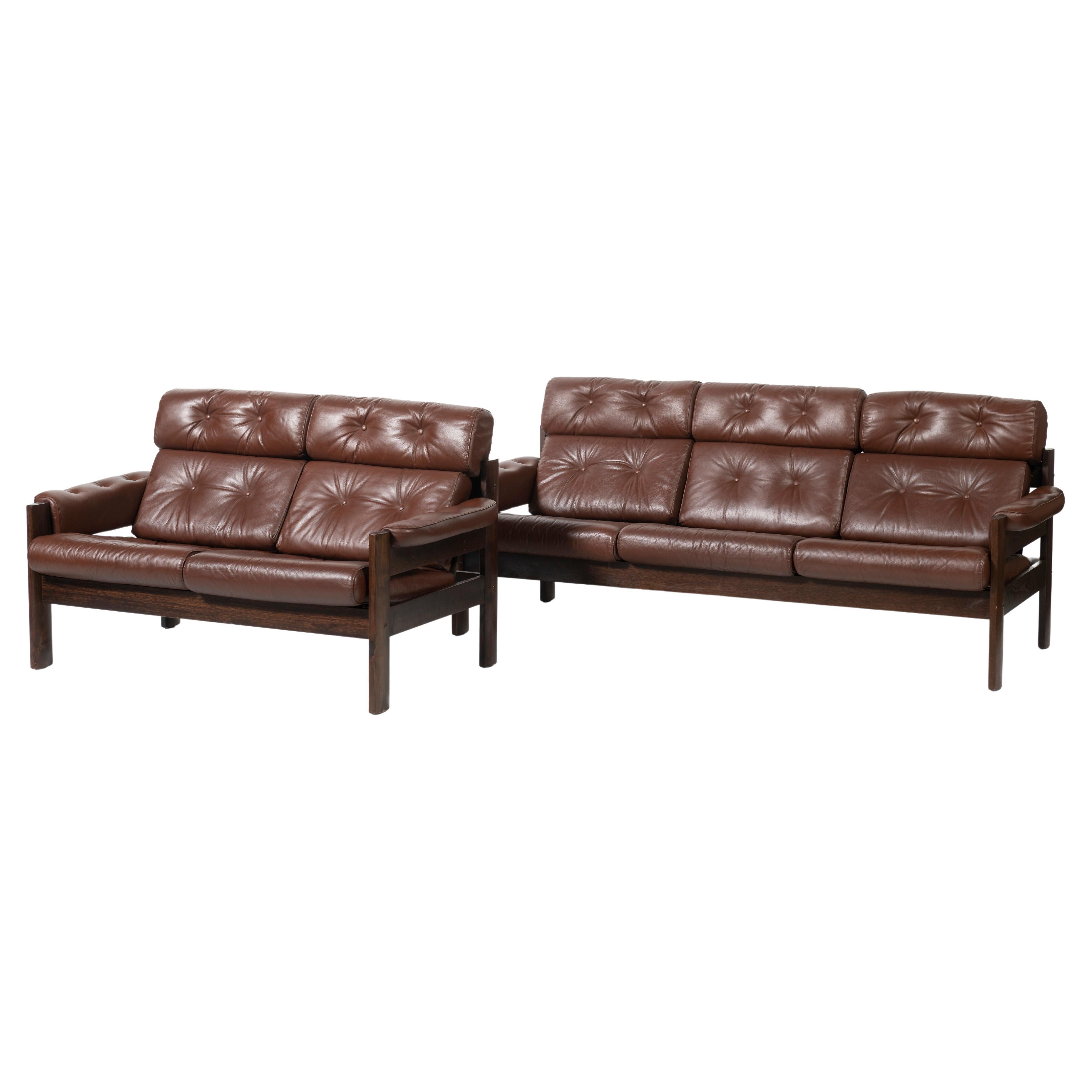 1970's Three Seat Tufted Sofa and Loveseat Set in Leather and Rosewood, Norway For Sale