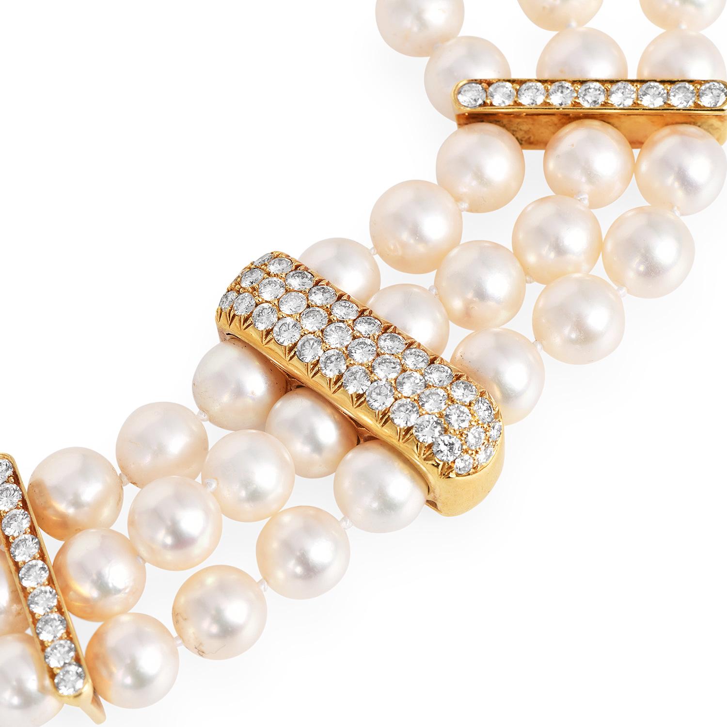 Elegant Estate 1980s Natural Diamond and three Strand Akoya pearl Choker Necklace with solid 18K Yellow Gold Diamond Bar Link 

The necklace has an Insert closure

Natural Diamonds

Number of Diamonds: 178

Diamond Carat Weight approx: