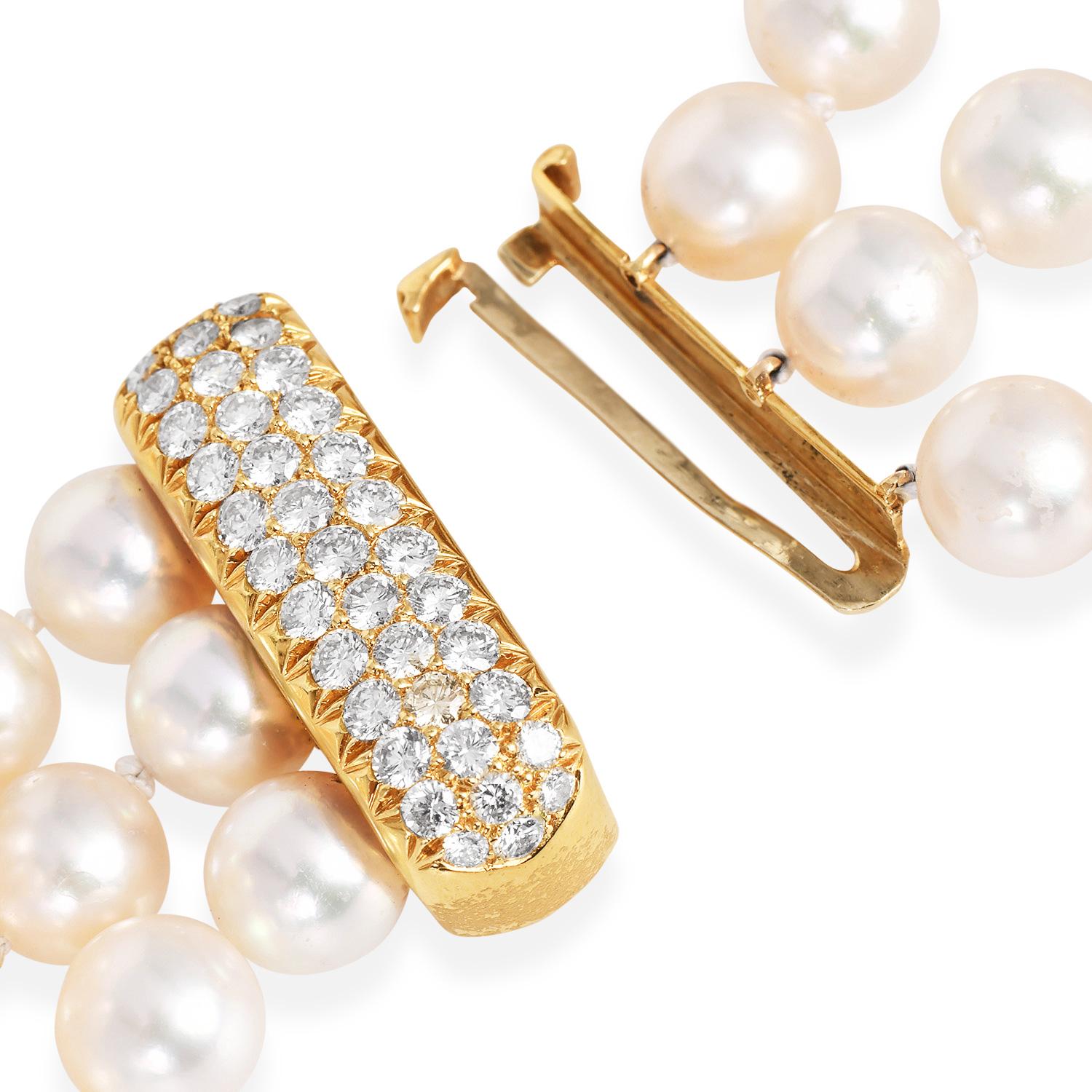Modern 1970s  Three -Strand Pearl Diamond  18K Choker Necklace  For Sale