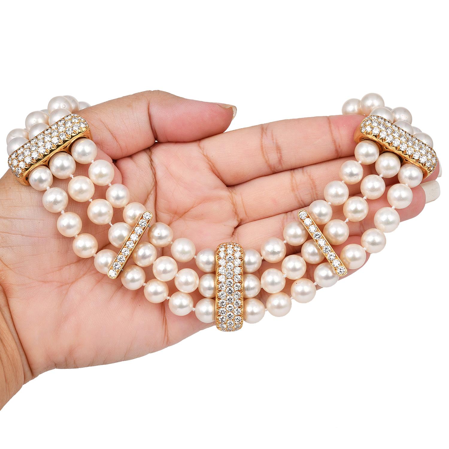 Round Cut 1970s  Three -Strand Pearl Diamond  18K Choker Necklace  For Sale