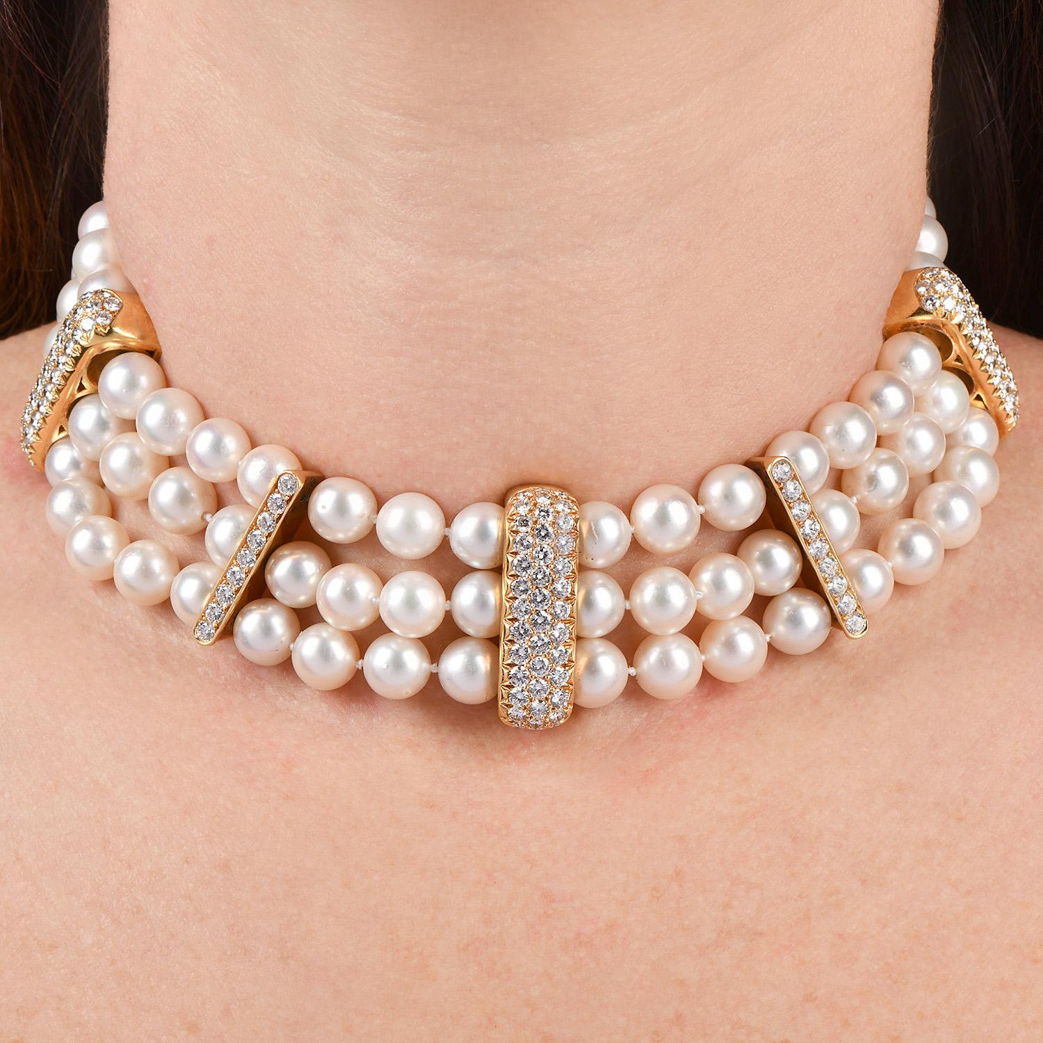 Women's 1970s  Three -Strand Pearl Diamond  18K Choker Necklace  For Sale