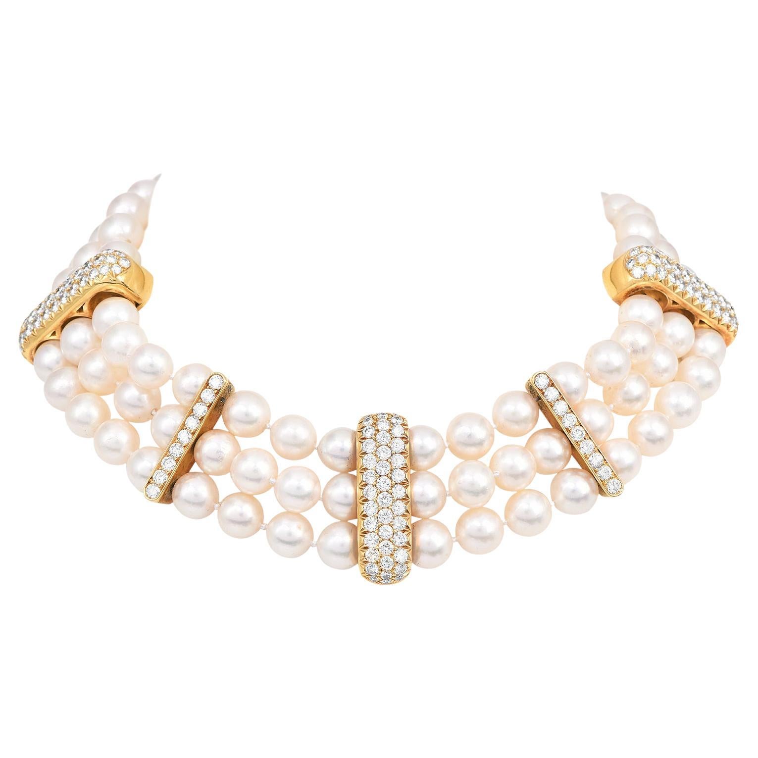 1970s  Three -Strand Pearl Diamond  18K Choker Necklace 