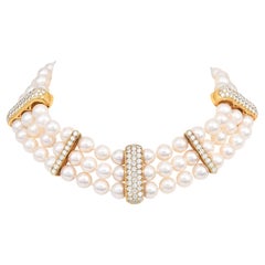 1970s  Three -Strand Pearl Diamond  18K Choker Necklace 