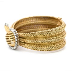 1970s Three-Tier Mesh, Wide, 18 Karat Yellow Gold and Diamond Inlay Bracelet