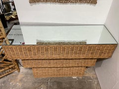 1970s Three Tier Wicker Console with Mirrored Top