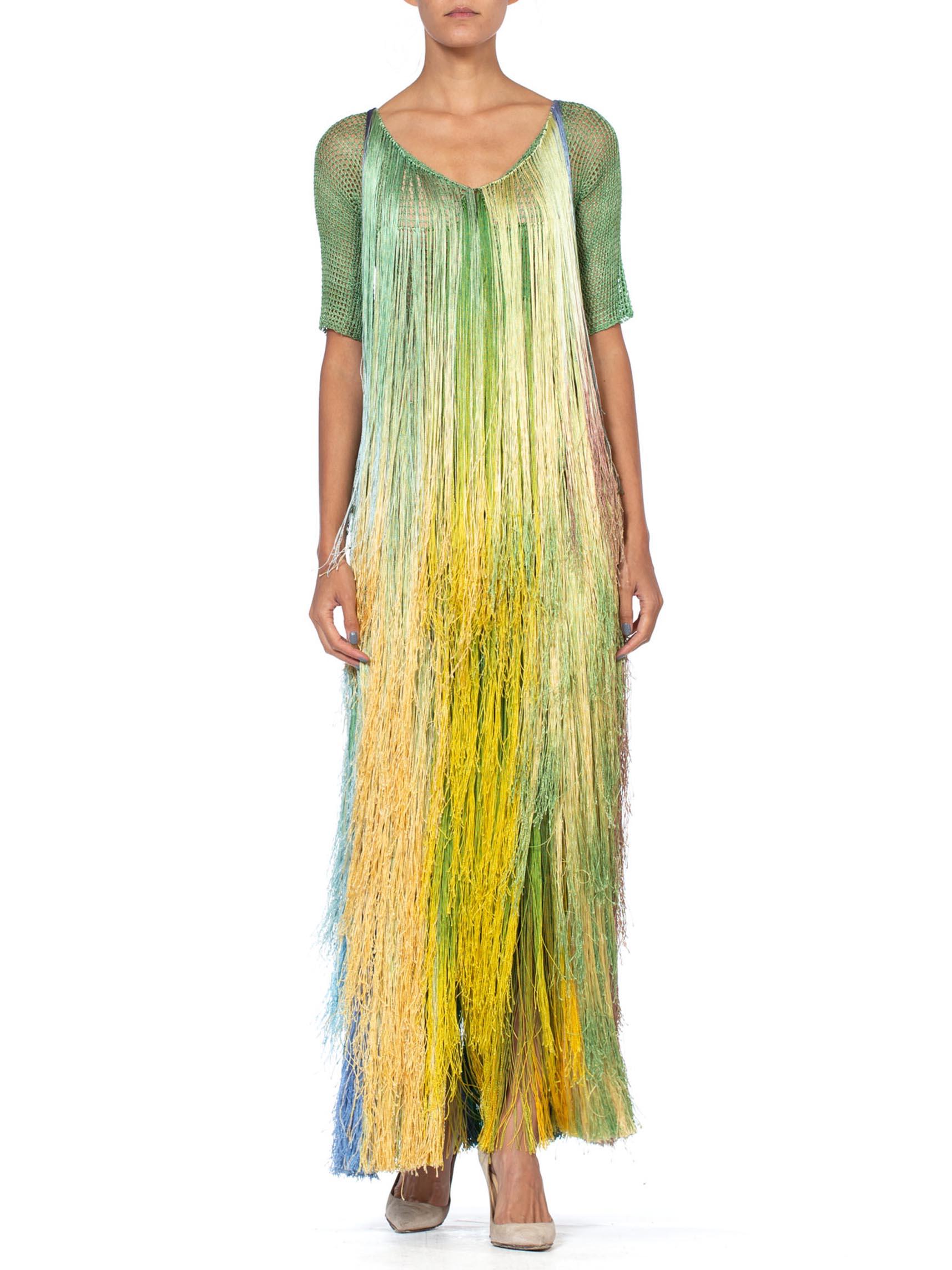 Beige 1970'S Tie Dye Ombre Crochet Fringe Dress Gown