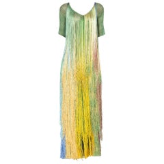 Vintage 1970'S Tie Dye Ombre Crochet Fringe Dress Gown