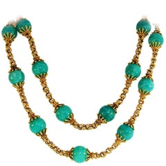 1970s Tiffany & Co. Amazonite Bead Yellow Gold Necklace