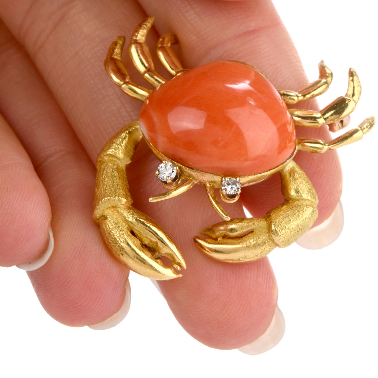 Women's or Men's 1970s Tiffany & Co. Diamond and Coral Crab Brooch 18 Karat