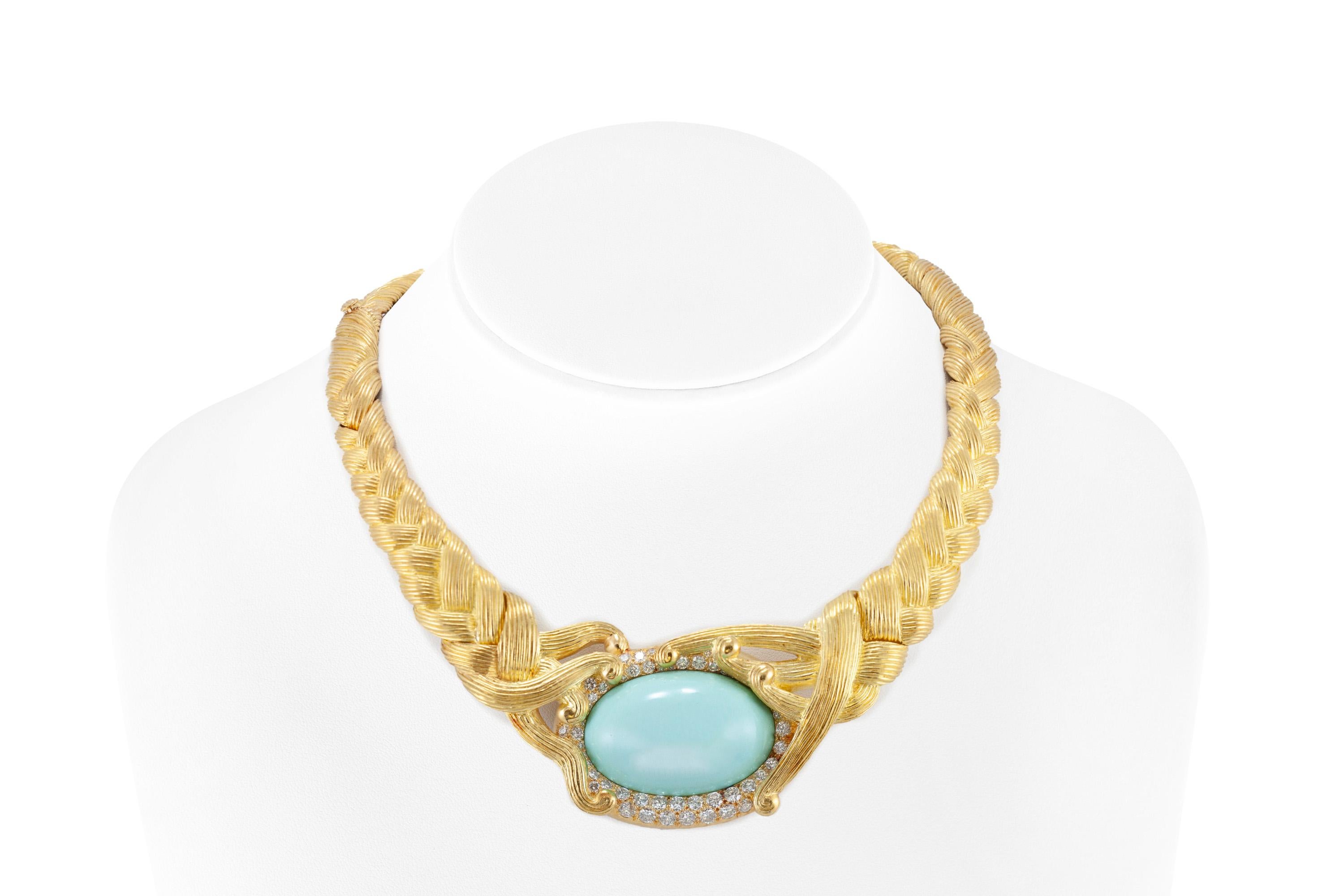 The beautiful Tiffany & Co by Angela Cummings necklace and earrings set is finely crafted in 18k gold with approximatiley a total of 70.00 carat of Turquoise and diamonds weighting approximately a total of 5.00 carat.
The set weighs a total of 159.4