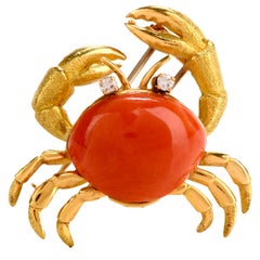 1970s Tiffany & Co. Diamond and Coral Crab Brooch 18 Karat