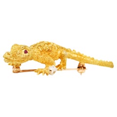 1970's Tiffany & Co. Diamond Ruby 18 Karat Gold Alligator Brooch