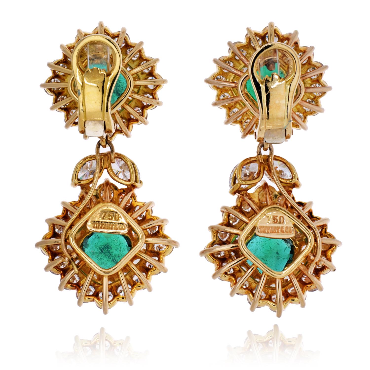 Retro 1970s Tiffany & Co. Emerald and Diamond 18k Yellow Gold Earrings For Sale