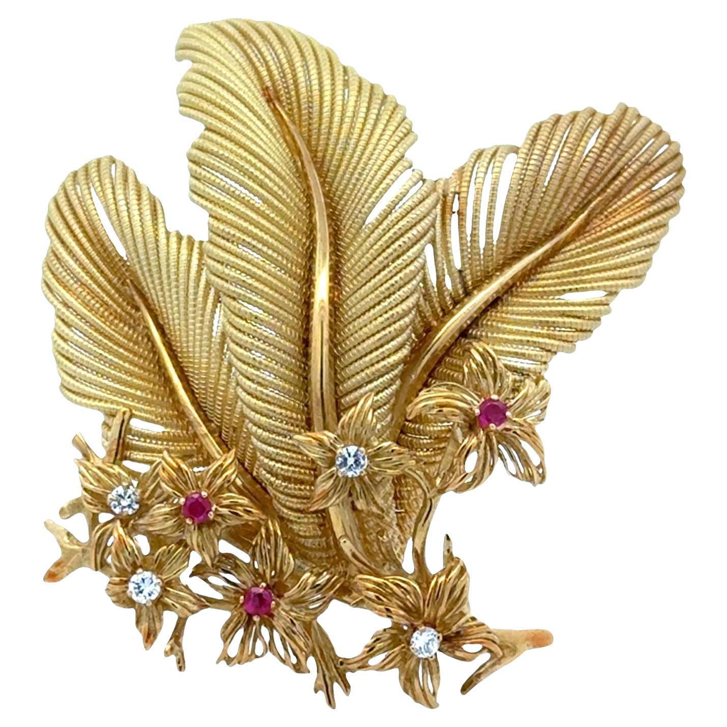 1970's Tiffany & Company Diamond Ruby Flower 18K Yellow Gold Vintage Brooch Pin