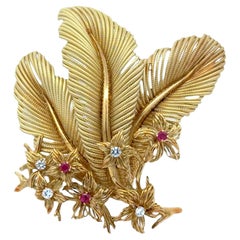 1970's Tiffany & Company Diamond Ruby Flower 18K Yellow Gold Vintage Brooch Pin
