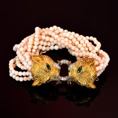 1970s Tiger Emerald Diamond Pink Coral 18k Gold Bypass Beaded Bracelet