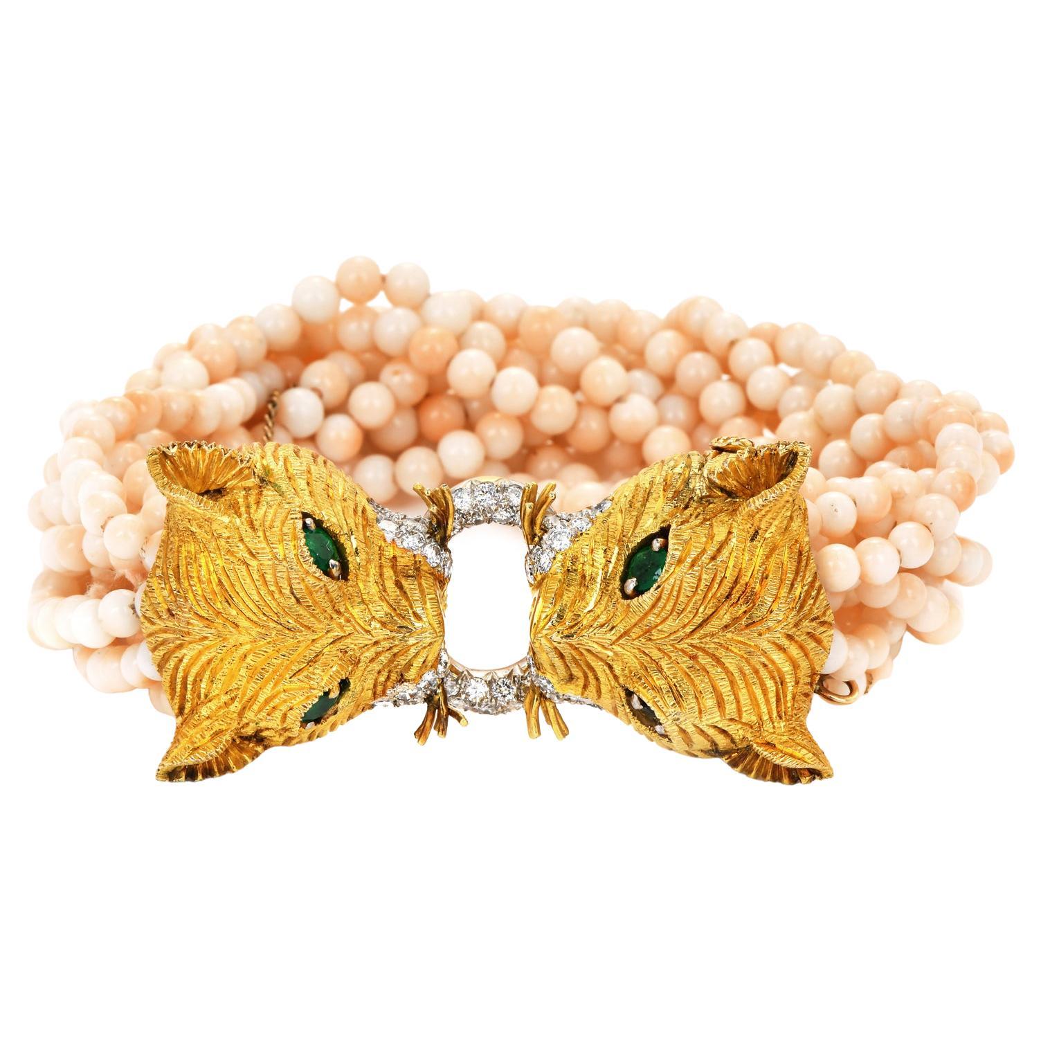 1970s Tiger Emerald Diamond Pink Coral 18k Gold Bypass Beaded Bracelet For Sale