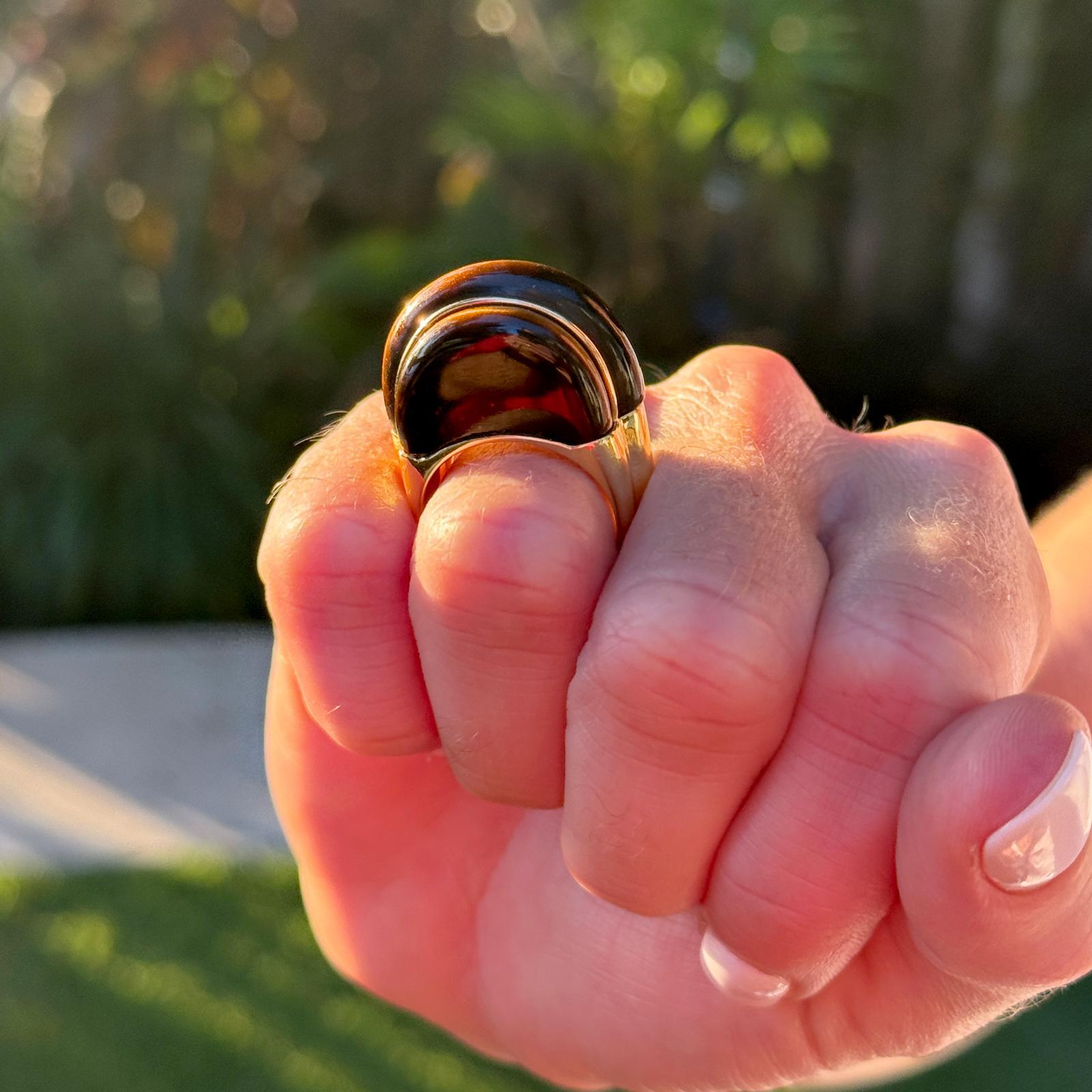 Cabochon 1970's Tiger Eye Gemstone 18 Karat Yellow Gold Contemporary Dome Ring For Sale