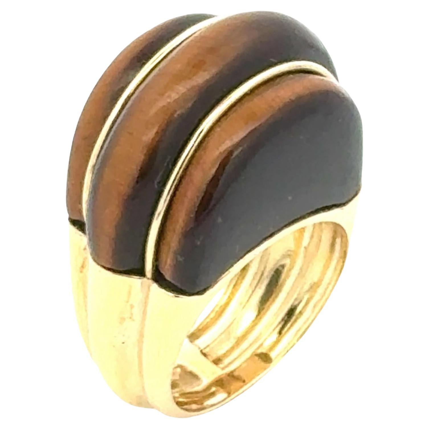 1970's Tiger Eye Gemstone 18 Karat Yellow Gold Contemporary Dome Ring For Sale