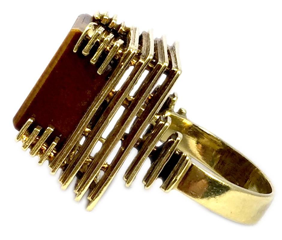Square Cut 1970s Tiger Eye Gold Ring For Sale