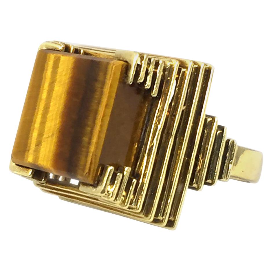 1970s Tiger Eye Gold Ring For Sale