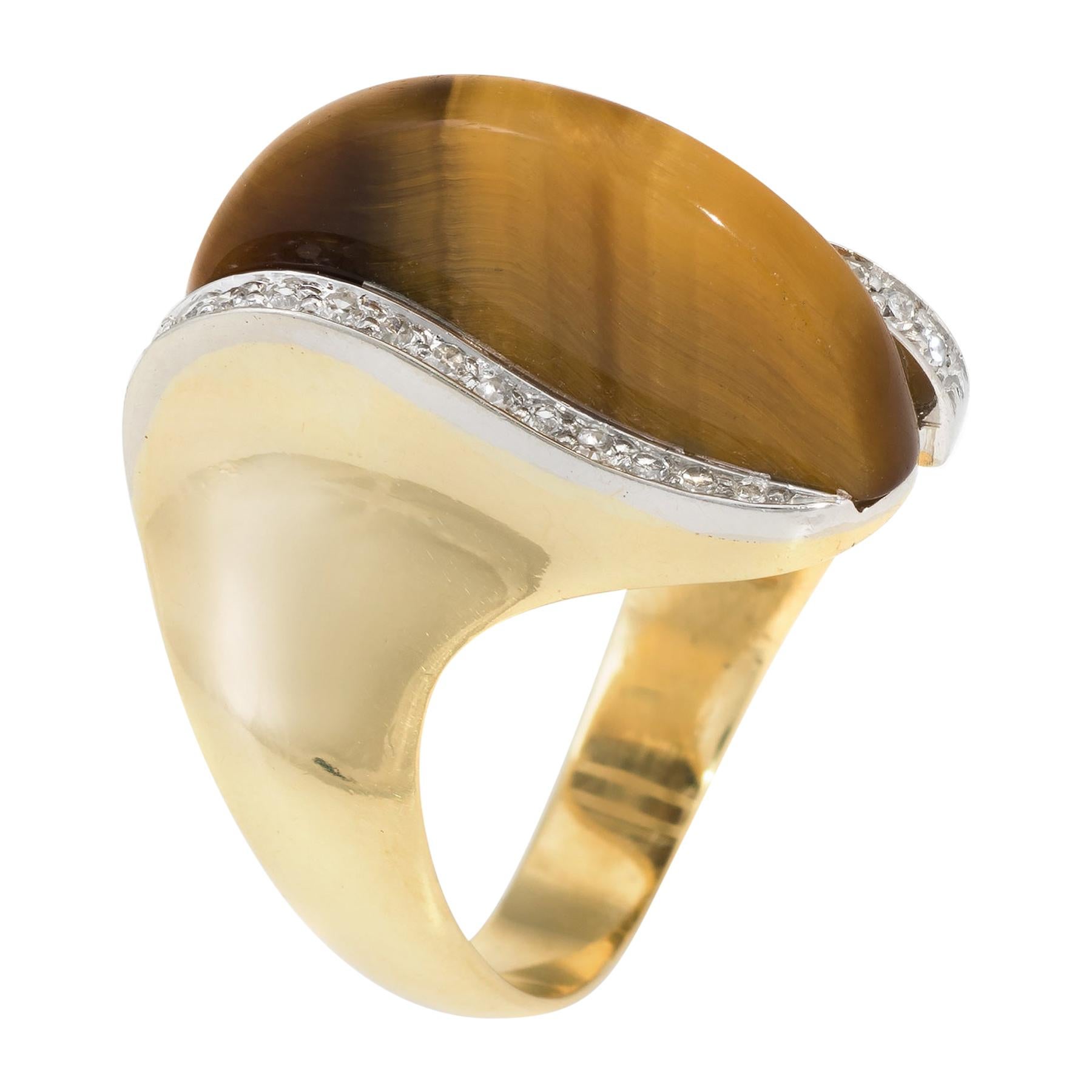 1970s Tigers Eye Diamond Cocktail Ring Vintage 18 Karat Gold Estate Jewelry