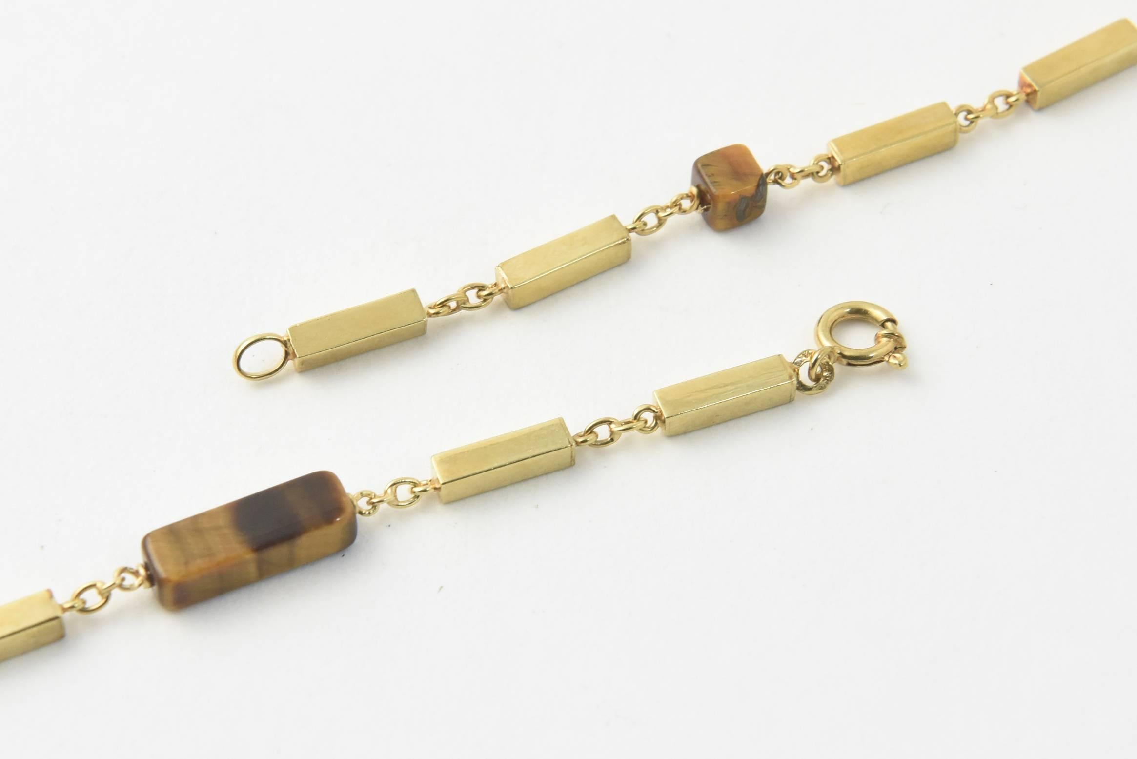 Women's or Men's 1970s Tiger's Eye Gold Bar Necklace
