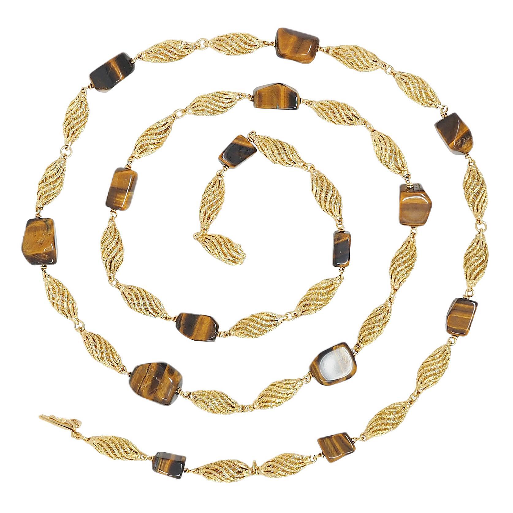1970's Cuarzo Ojo de Tigre 18 Kilates Oro Amarillo Vintage Cadena Estación de Cuentas Cuello Moderno en venta