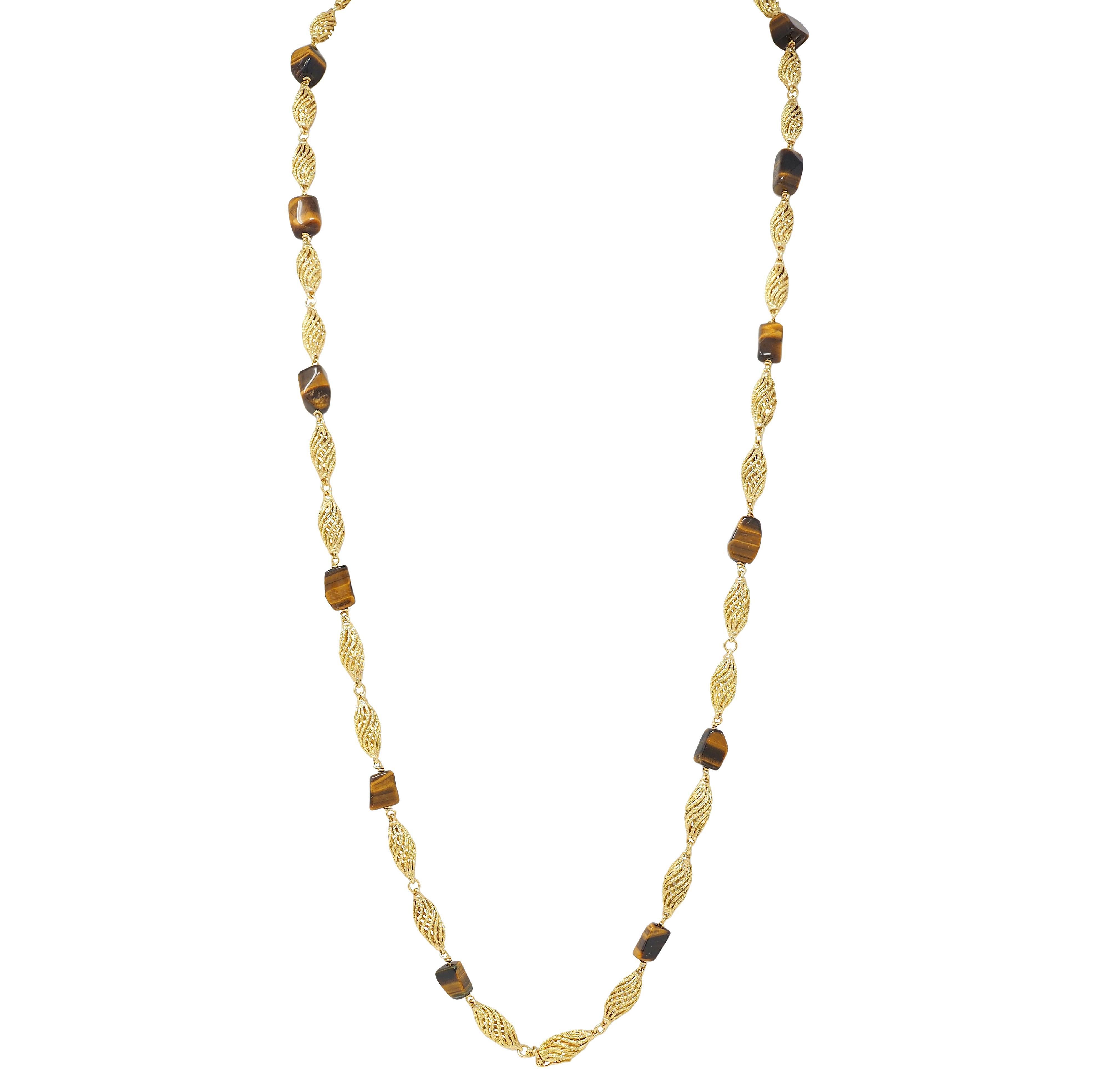 1970's Cuarzo Ojo de Tigre 18 Kilates Oro Amarillo Vintage Cadena Estación de Cuentas Cuello en Excelente estado para la venta en Philadelphia, PA