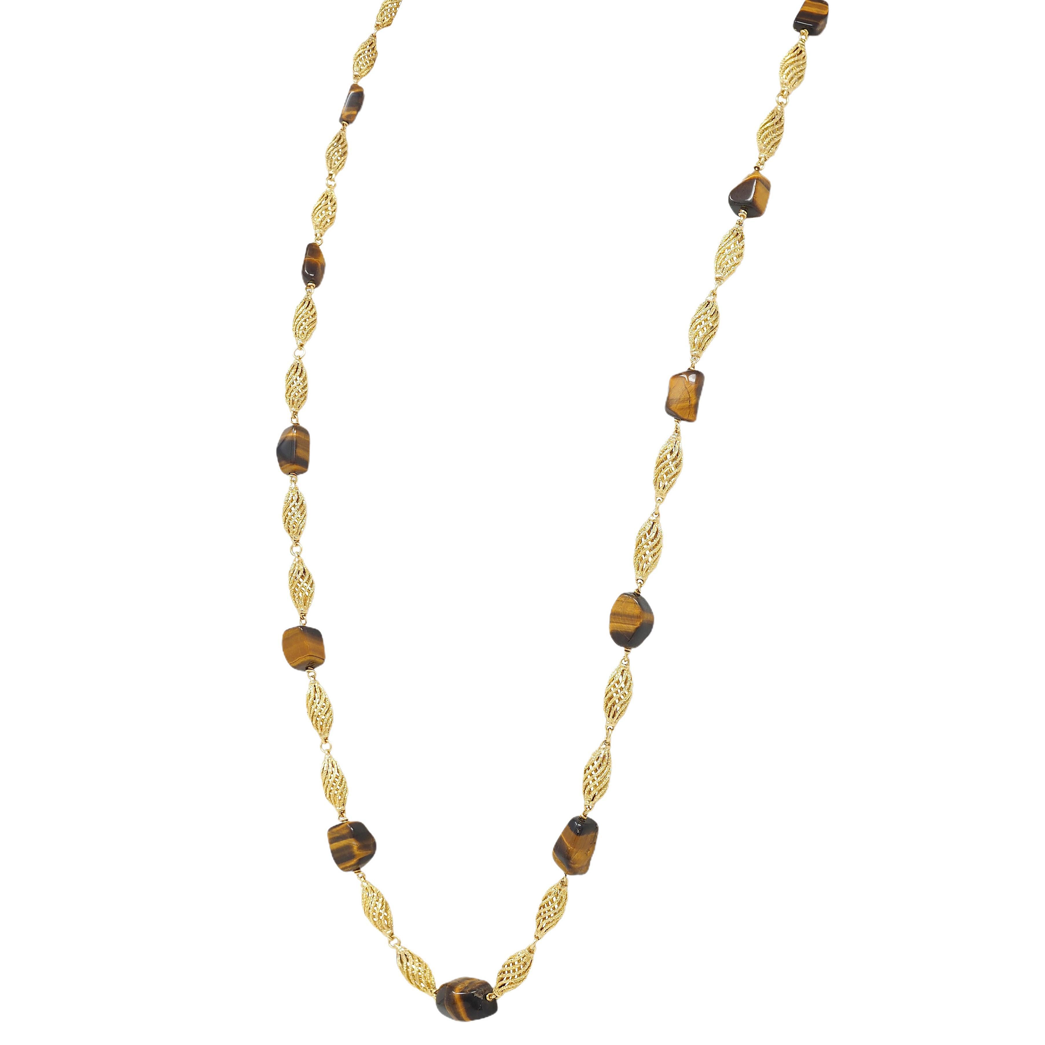 Femenino o masculino 1970's Cuarzo Ojo de Tigre 18 Kilates Oro Amarillo Vintage Cadena Estación de Cuentas Cuello en venta
