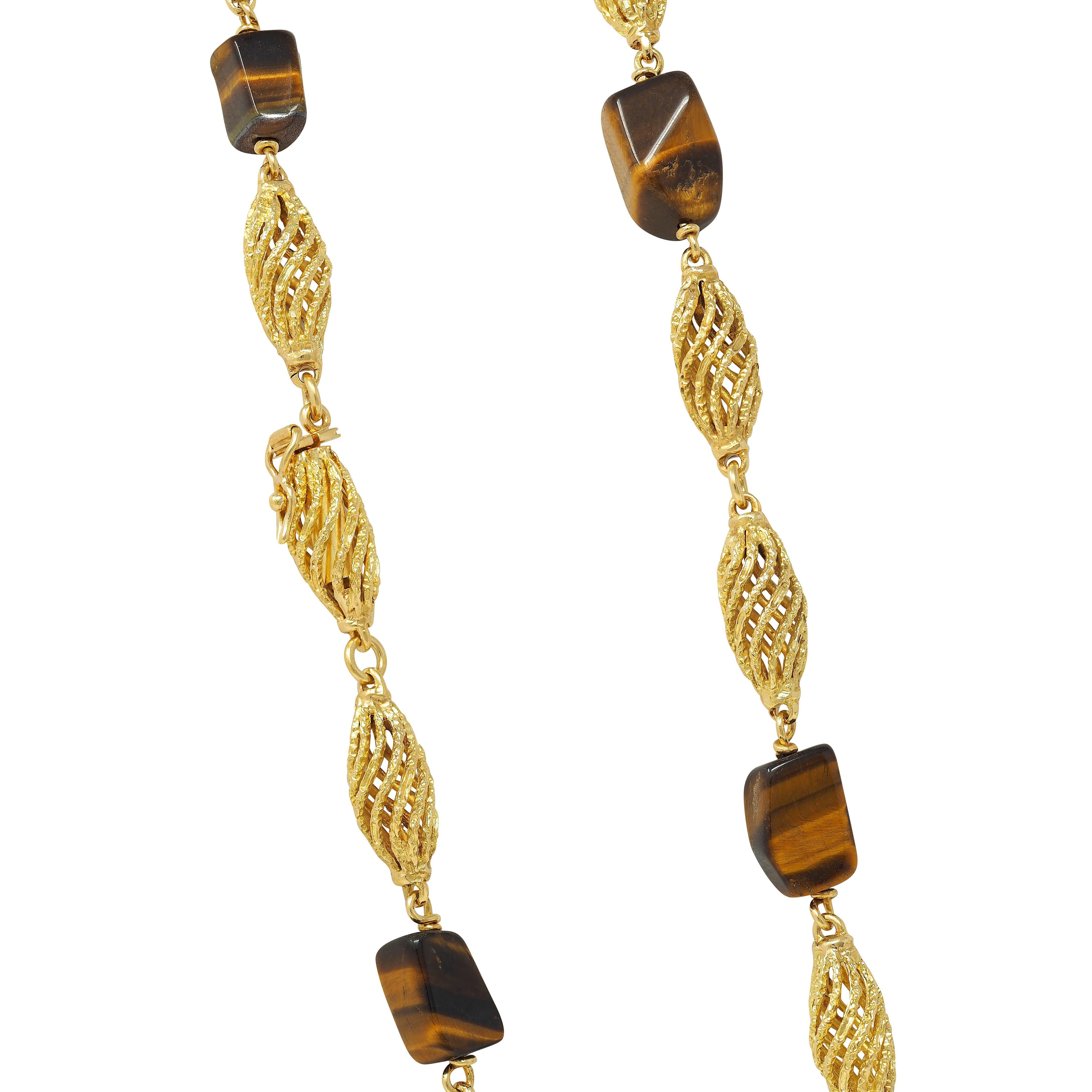 1970's Cuarzo Ojo de Tigre 18 Kilates Oro Amarillo Vintage Cadena Estación de Cuentas Cuello en venta 1