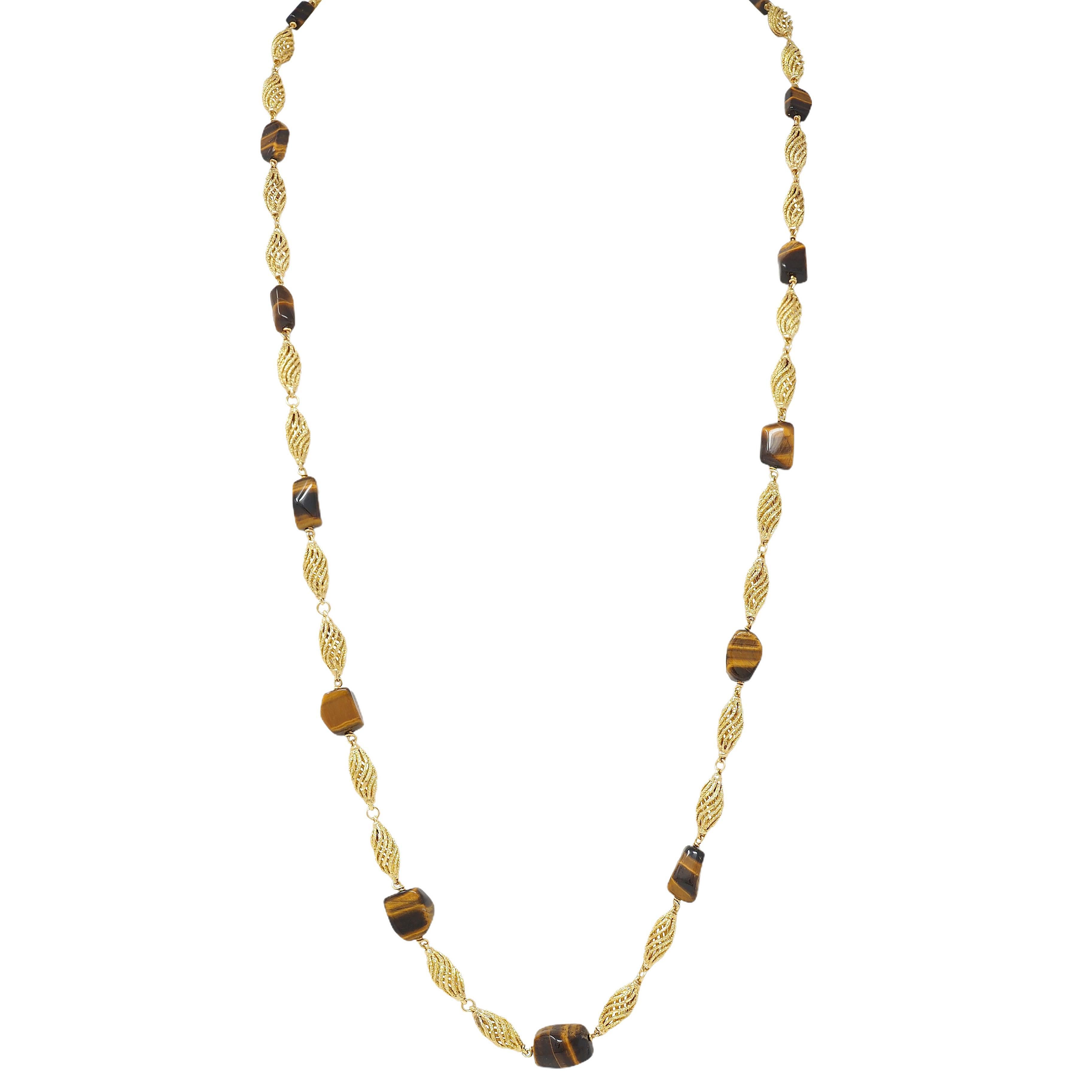 1970's Tiger's Eye Quartz 18 Karat Yellow Gold Vintage Beaded Station Chain Neck