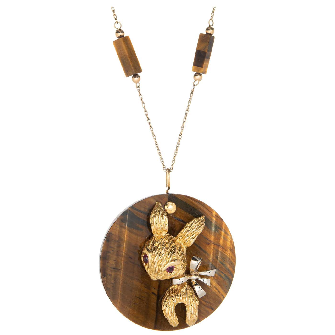 1970s Tigers Eye Rabbit Medallion Necklace Vintage 14 Karat Gold Animal ...