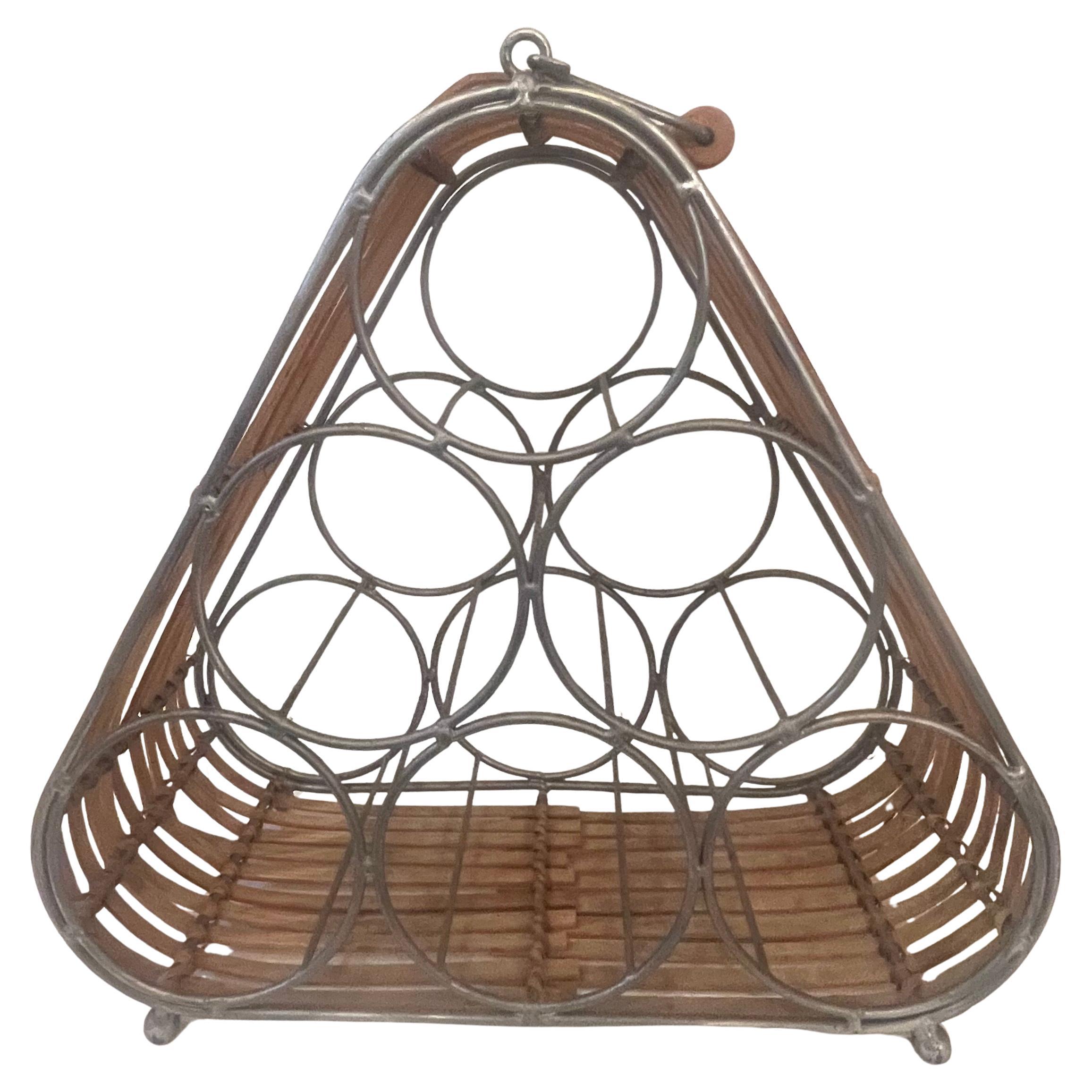 Tiki-Boho American Mid Century Wine Rack Rattan Caddy 6 Bottle Carrier 1970
