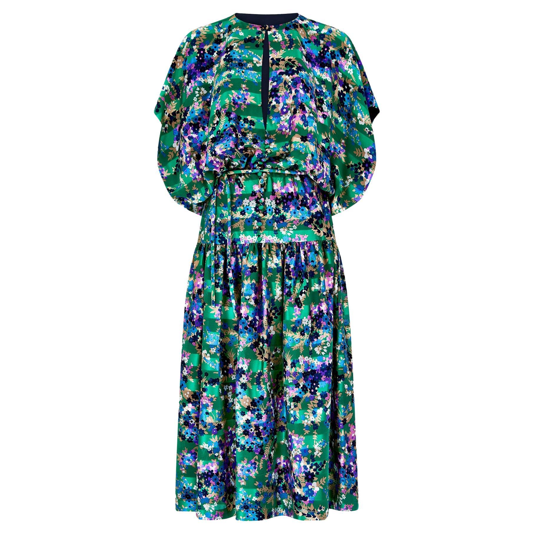 1970s Tita Rossi Alta Moda Green Floral Silk Maxi Dress For Sale