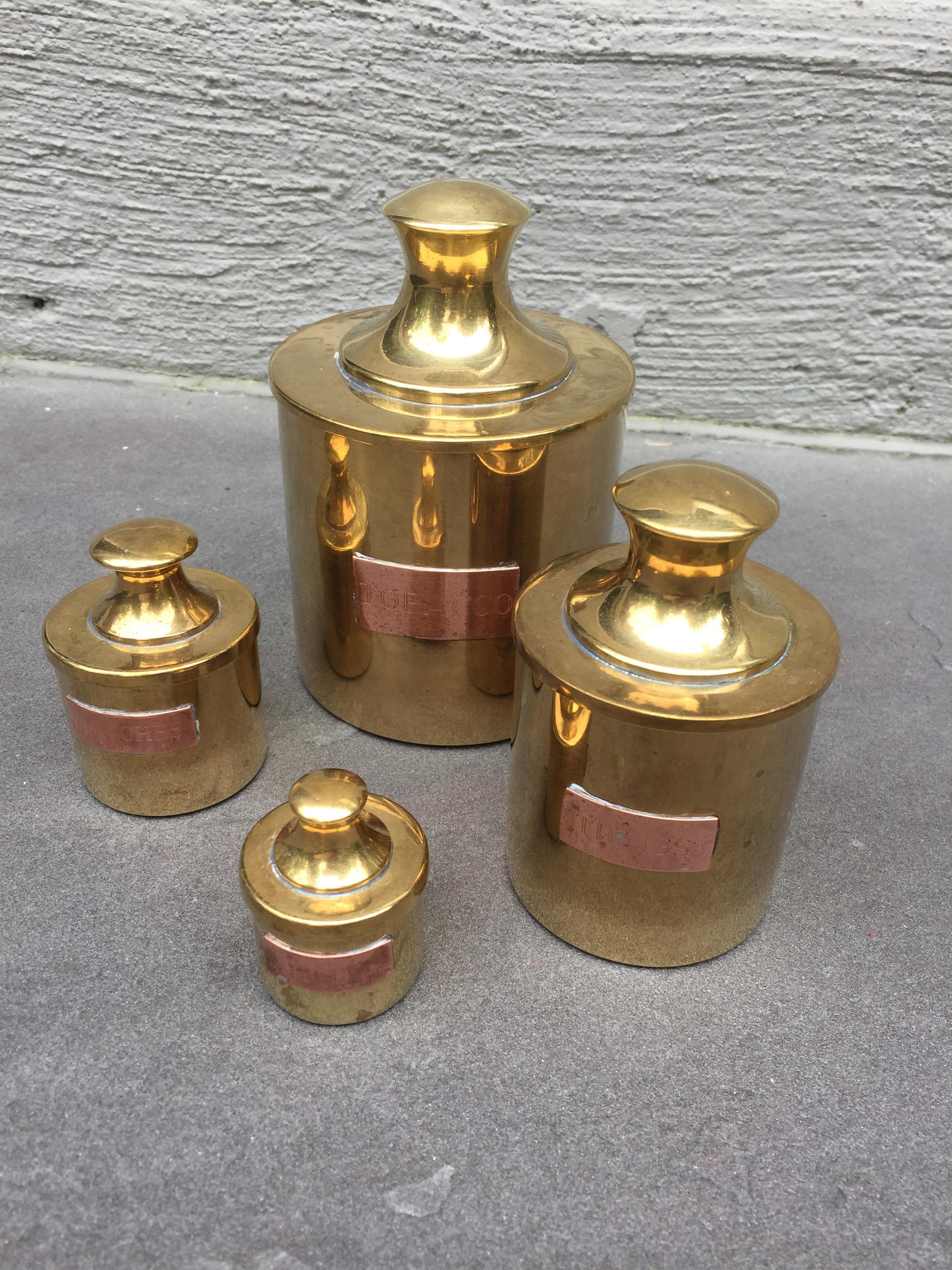 Hand-Crafted 1970s Tobacco / Pills / Matches / Things, Brass, 5-Piece Set For Sale