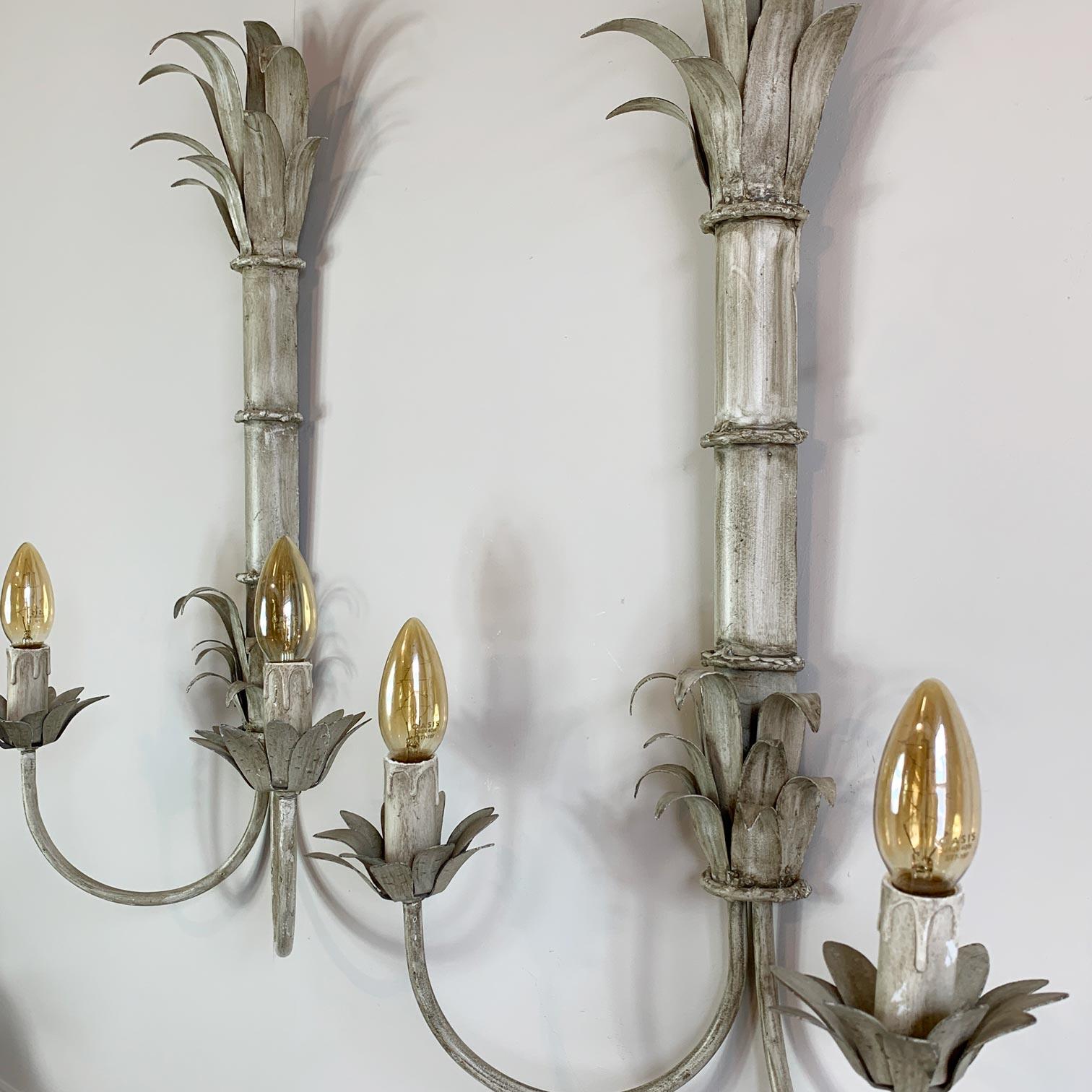 Hollywood Regency 1970's Toleware Palm Reeds Wall Sconces