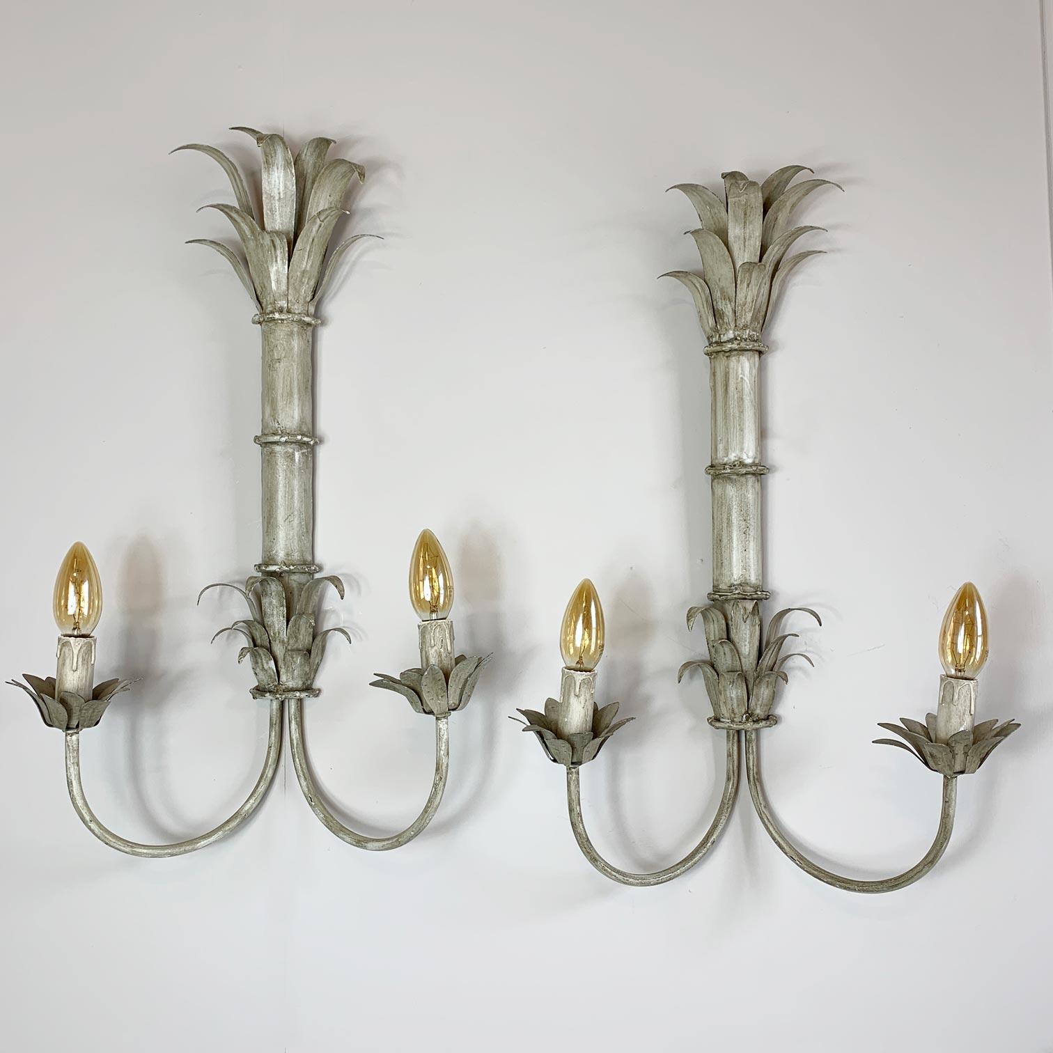 1970's Toleware Palm Reeds Wall Sconces 1