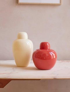 1970s Tomato Red & Cream Tobia Scarpa Murano Glass Vases, The Oriental Series