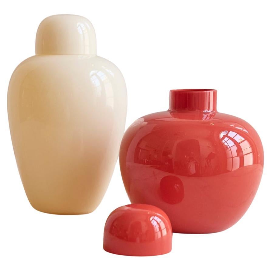 Vasi in vetro di Murano Tobia Scarpa, Serie Orientale, anni '70, rosso pomodoro e crema in vendita