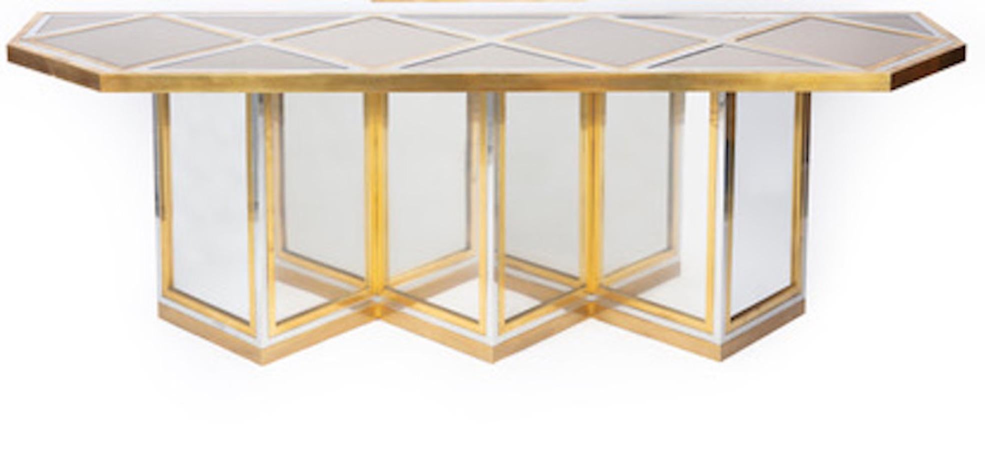 1970s Romeo Rega Brass, Steel and Glass Table Console.
Geometrical path of the base and top makes this table console an unique sculptural piece. Its big size 203 x 53 cm makes this table a very decorative piece. No restoration needed.

SHIPPING