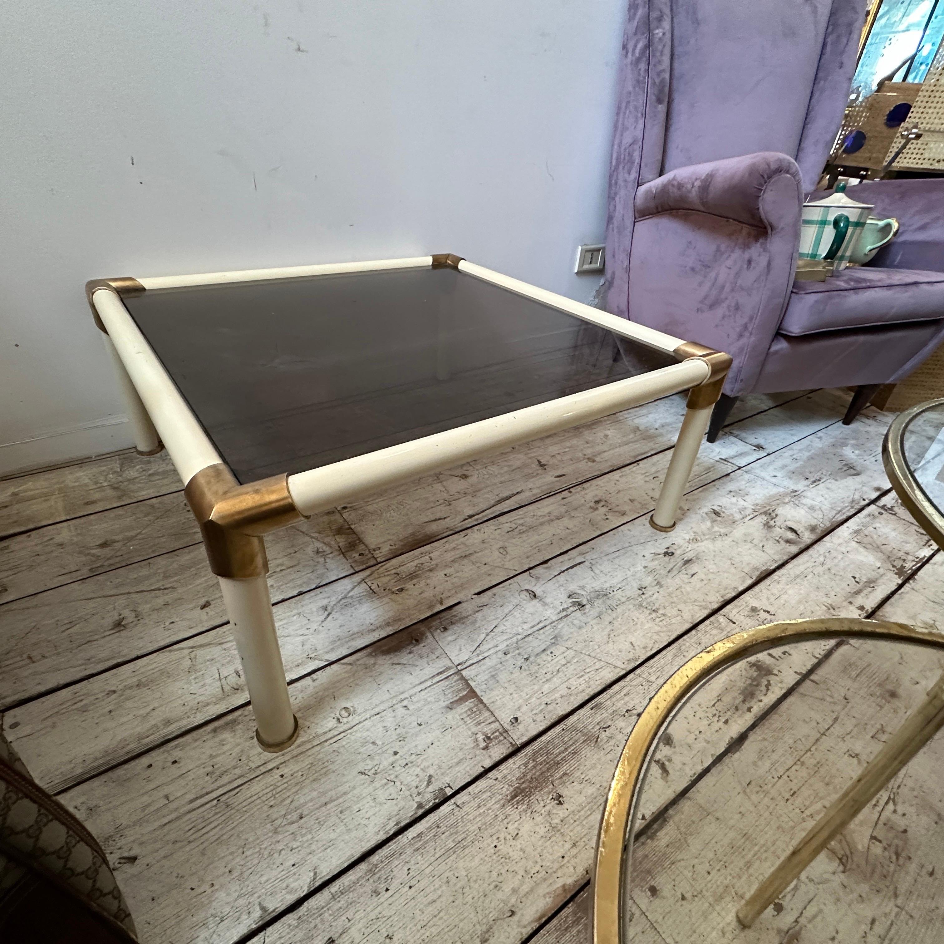 1970s Tommaso Barbi Mid-Century Modern Brass and Smoked glass Coffee Table For Sale 1