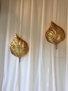 1970s Tommaso Barbi Pair of Large Brass Rhubarb Leaf Wall Sconces