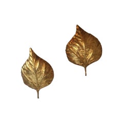 1970s Tommaso Barbi Pair of Large Brass Rhubarb Leaf Wall Sconces